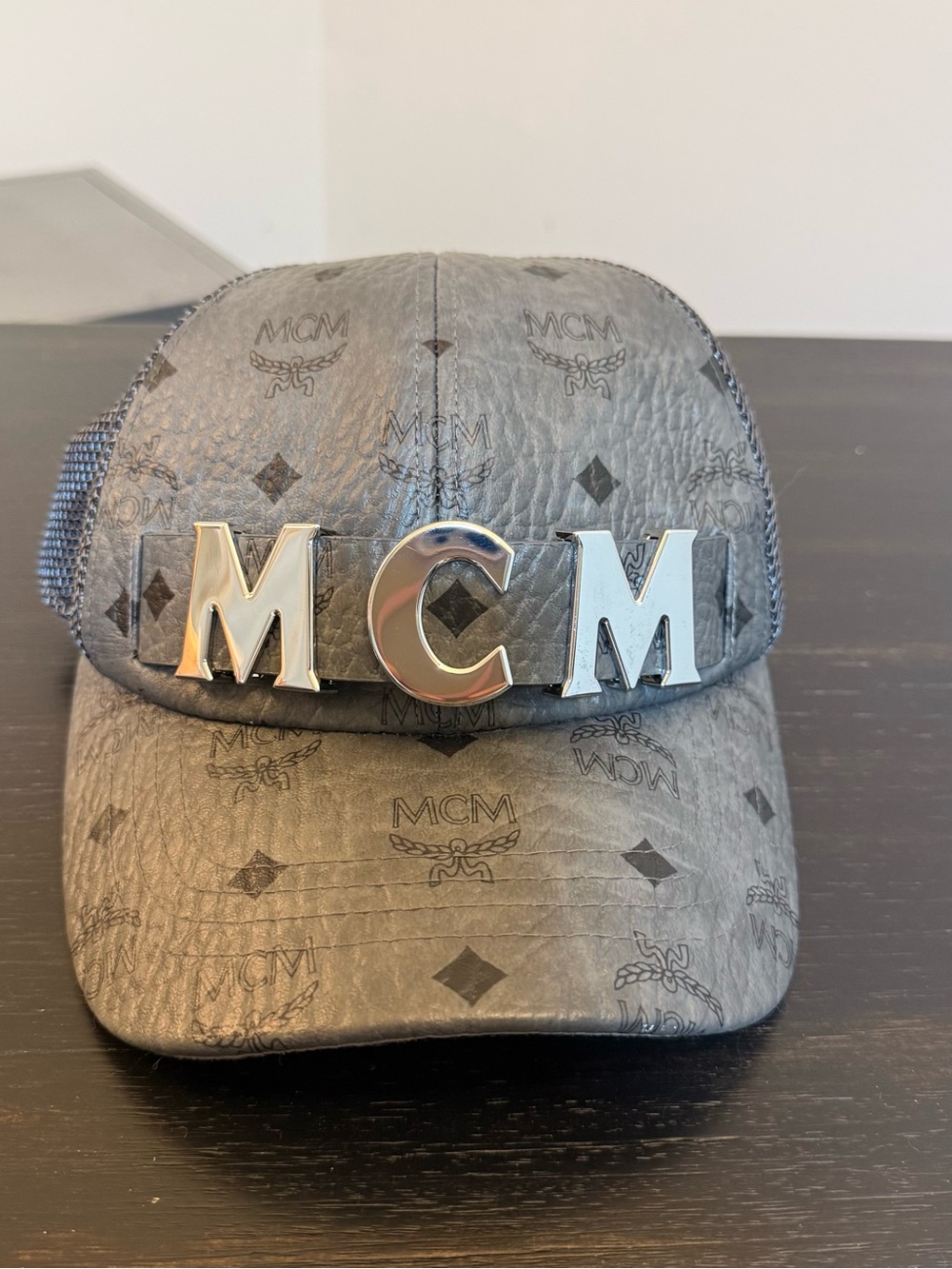 MCM Black Monogram Trucker Cap with Silver Lettering